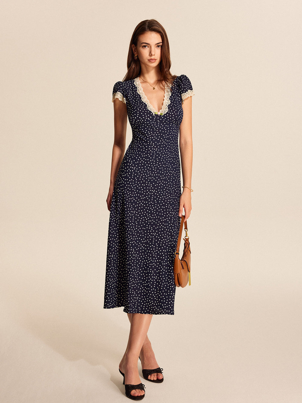 Elegant Polka Dot Maxi Dress for Women with Lace Trim – Short Sleeve V-Neck Long Dress in Woven Fabric 1
