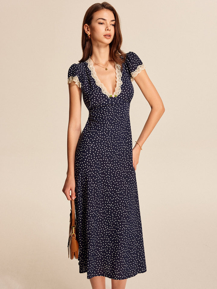 Elegant Polka Dot Maxi Dress for Women with Lace Trim – Short Sleeve V-Neck Long Dress in Woven Fabric 2