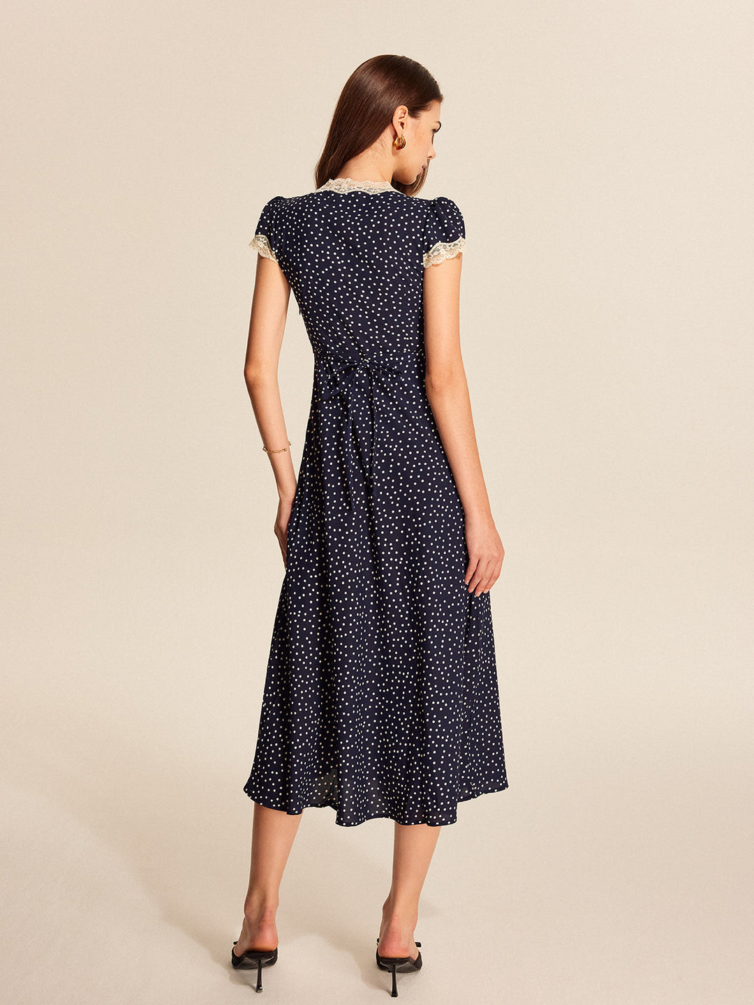 Elegant Polka Dot Maxi Dress for Women with Lace Trim – Short Sleeve V-Neck Long Dress in Woven Fabric 5
