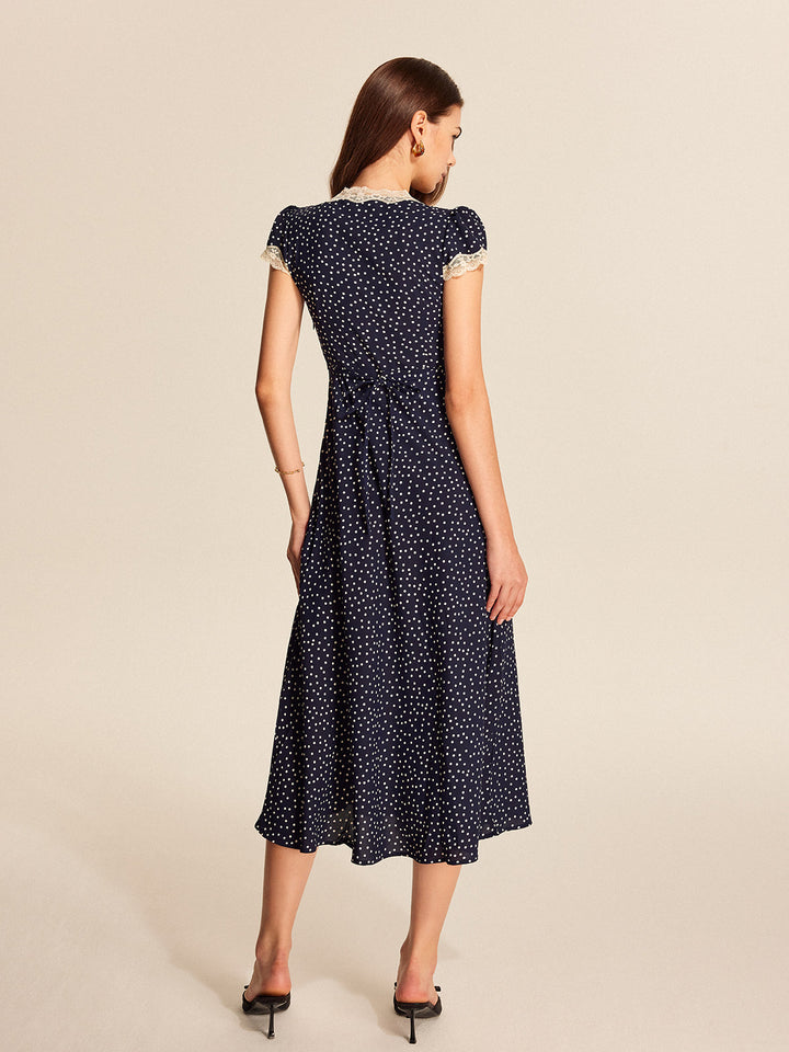 Elegant Polka Dot Maxi Dress for Women with Lace Trim – Short Sleeve V-Neck Long Dress in Woven Fabric 5