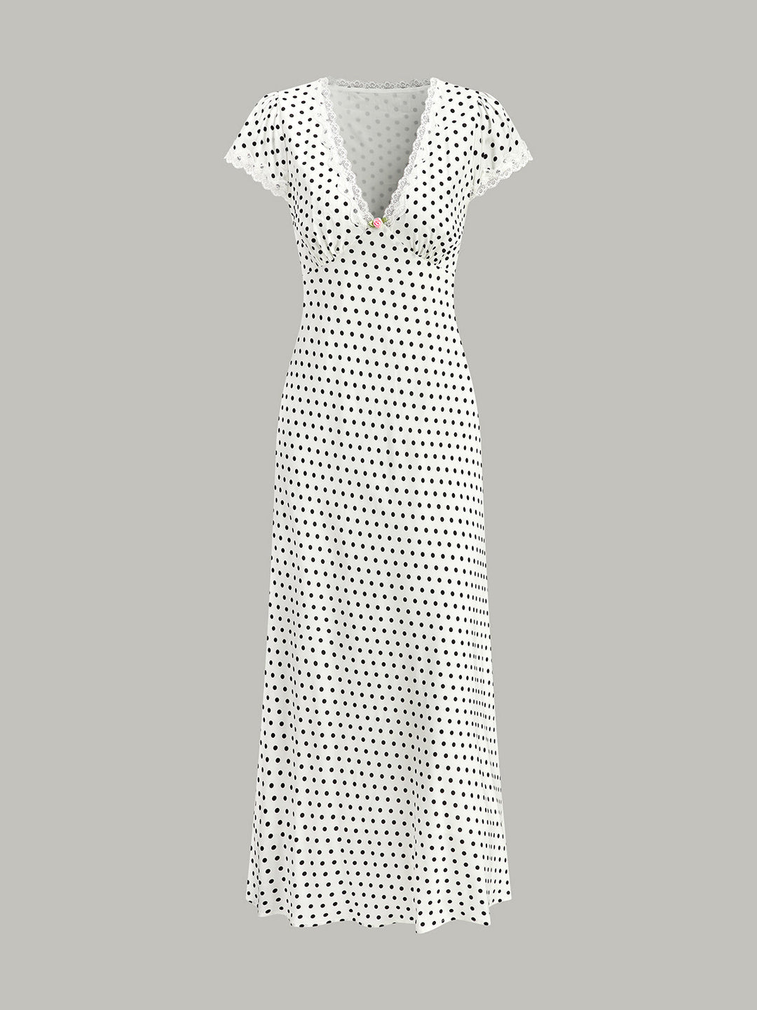 Elegant Polka Dot Maxi Dress for Women with Lace Trim – Short Sleeve V-Neck Long Dress in Woven Fabric 6