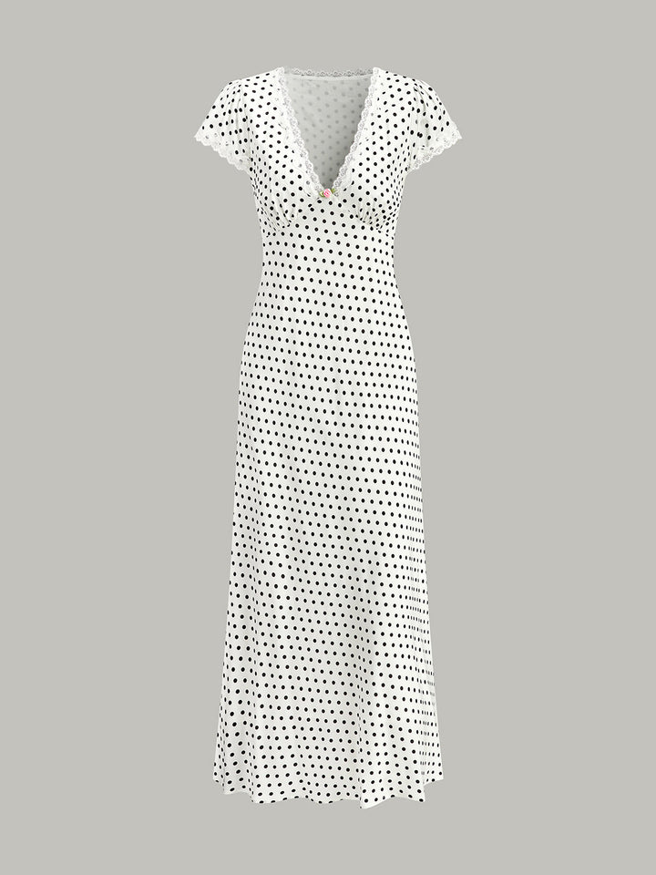 Elegant Polka Dot Maxi Dress for Women with Lace Trim – Short Sleeve V-Neck Long Dress in Woven Fabric 6