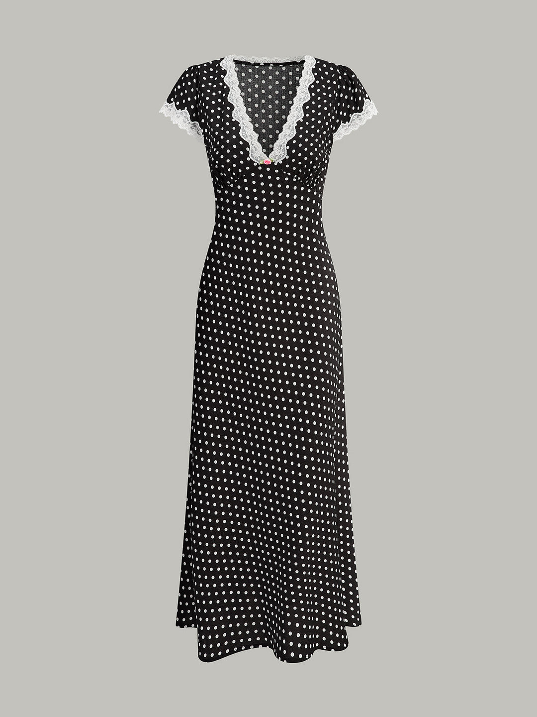Elegant Polka Dot Maxi Dress for Women with Lace Trim – Short Sleeve V-Neck Long Dress in Woven Fabric 7