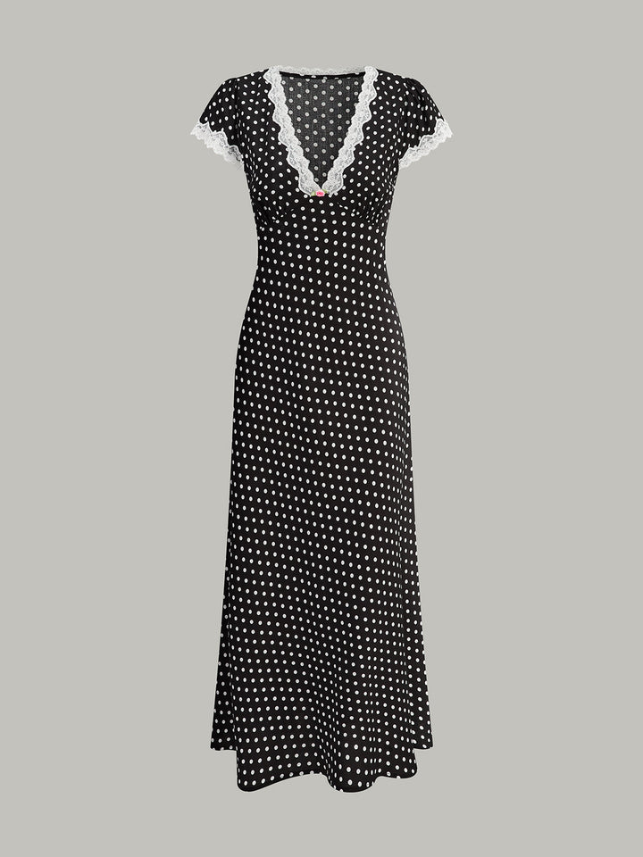 Elegant Polka Dot Maxi Dress for Women with Lace Trim – Short Sleeve V-Neck Long Dress in Woven Fabric 7