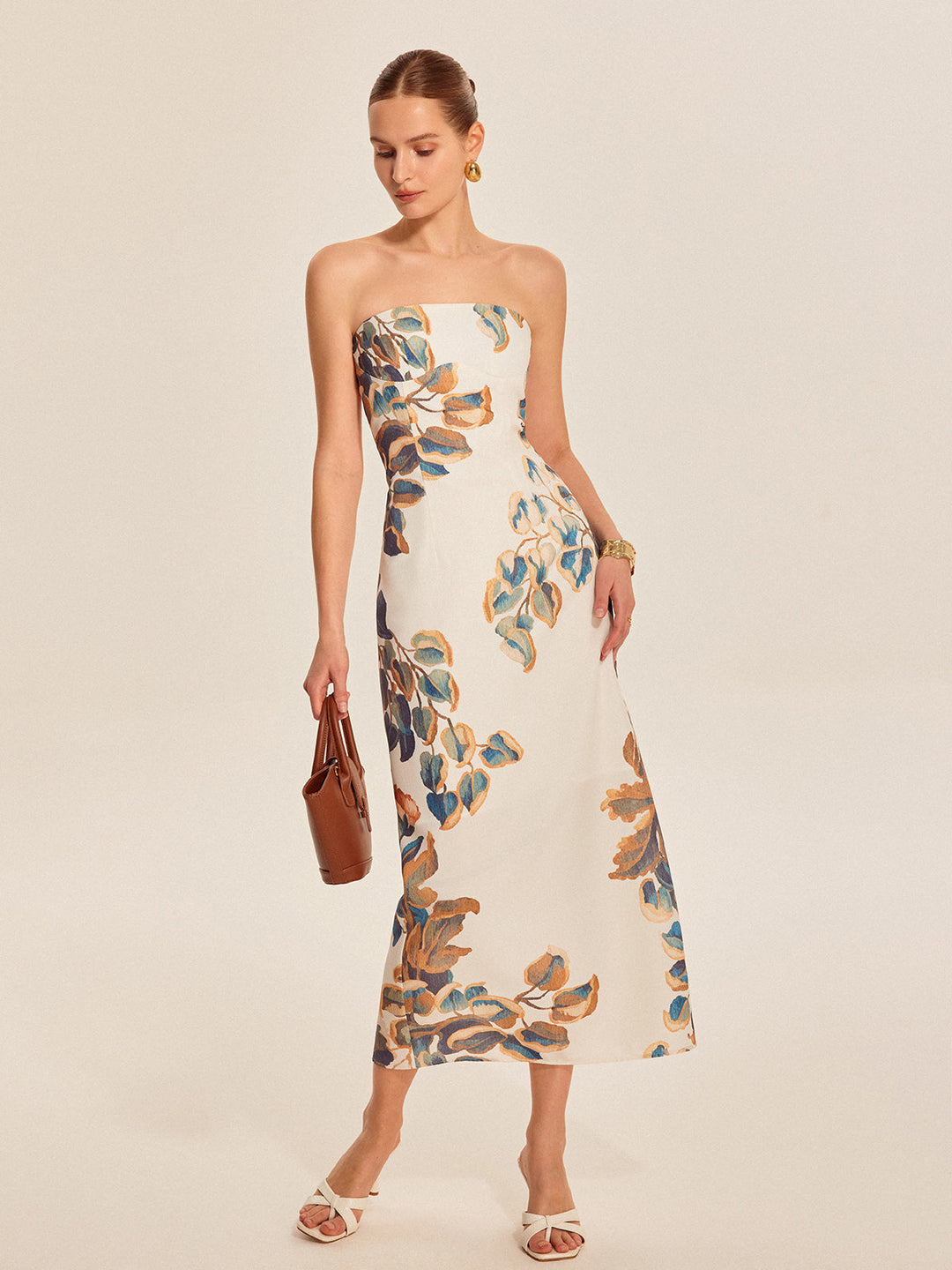 Floral Print Strapless Maxi Dress for Women - Summer Wedding Guest Dress in Woven Polyester, Sleeveless Design 0