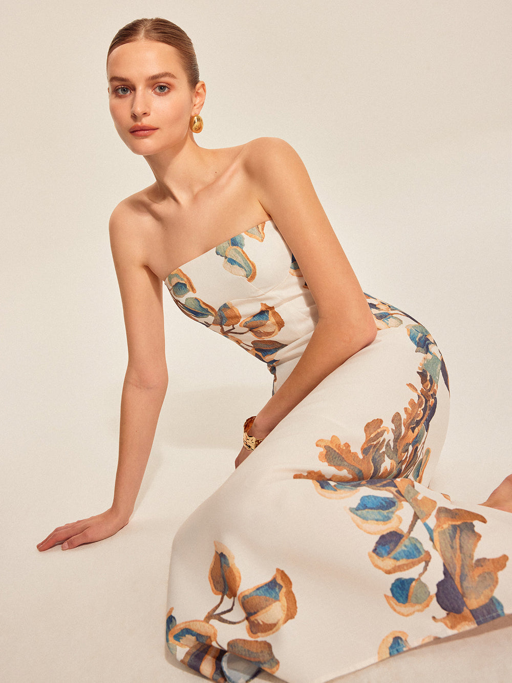 Floral Print Strapless Maxi Dress for Women - Summer Wedding Guest Dress in Woven Polyester, Sleeveless Design 1