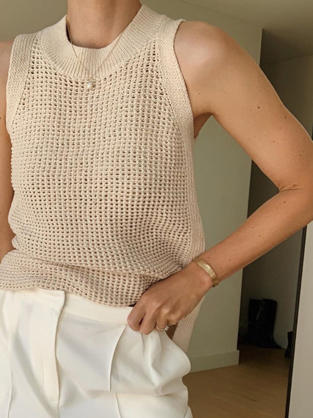 Knit Solid White Tank Top for Women - Sleeveless Crew Neck with Slight Stretch, Versatile Everyday Wear 1