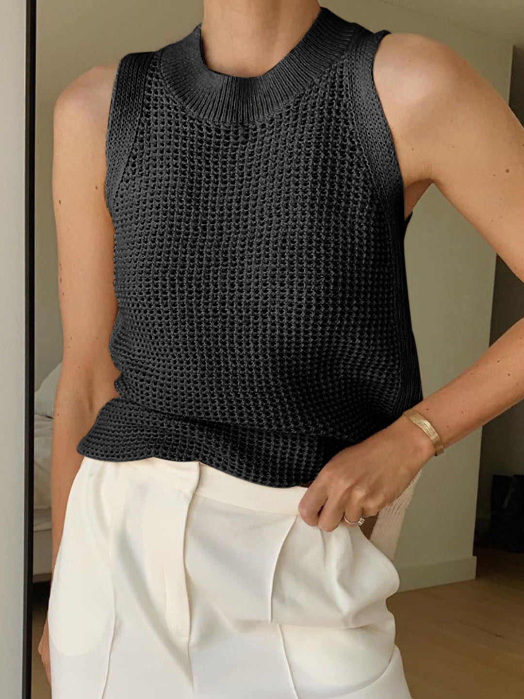 Knit Solid White Tank Top for Women - Sleeveless Crew Neck with Slight Stretch, Versatile Everyday Wear 5