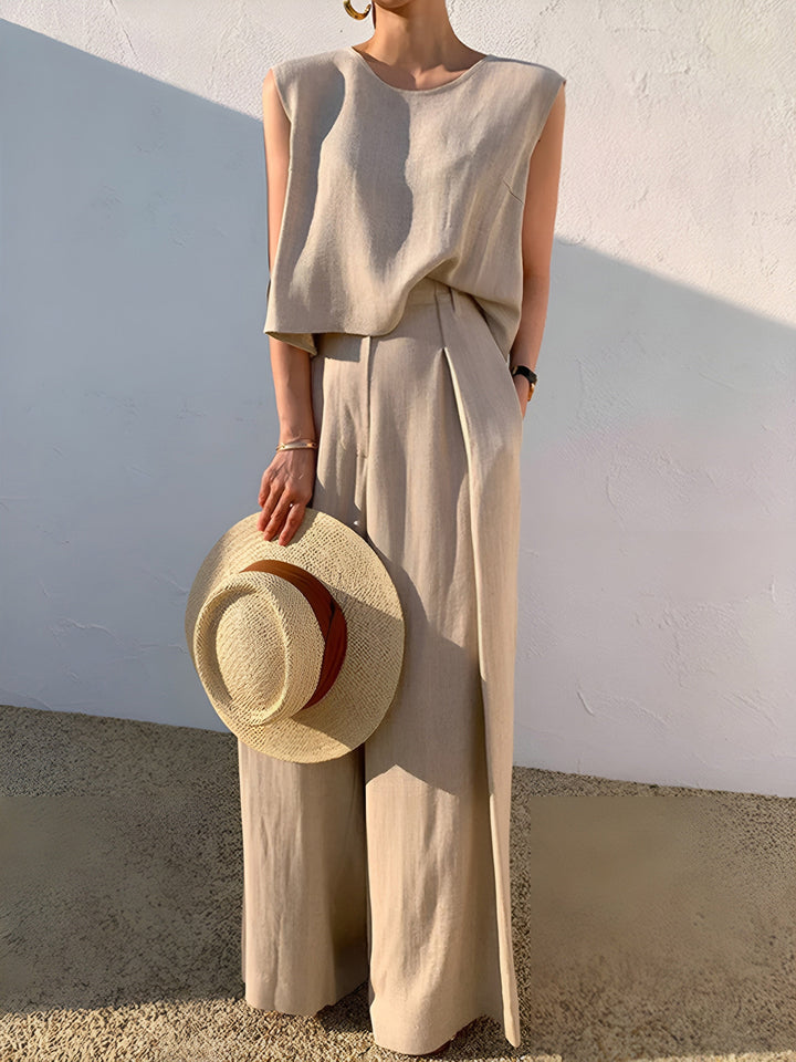Linen Blend Casual Two Piece Pants Set for Women – Comfortable Matching Top and Trousers Set in Breathable Fabric 0