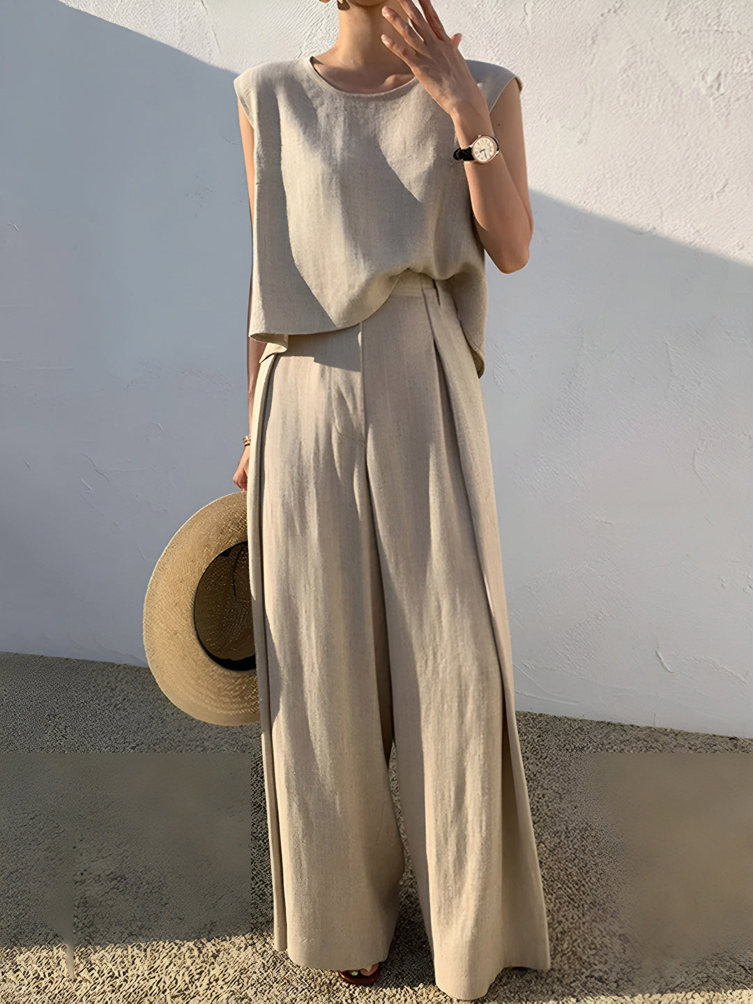 Linen Blend Casual Two Piece Pants Set for Women – Comfortable Matching Top and Trousers Set in Breathable Fabric 2