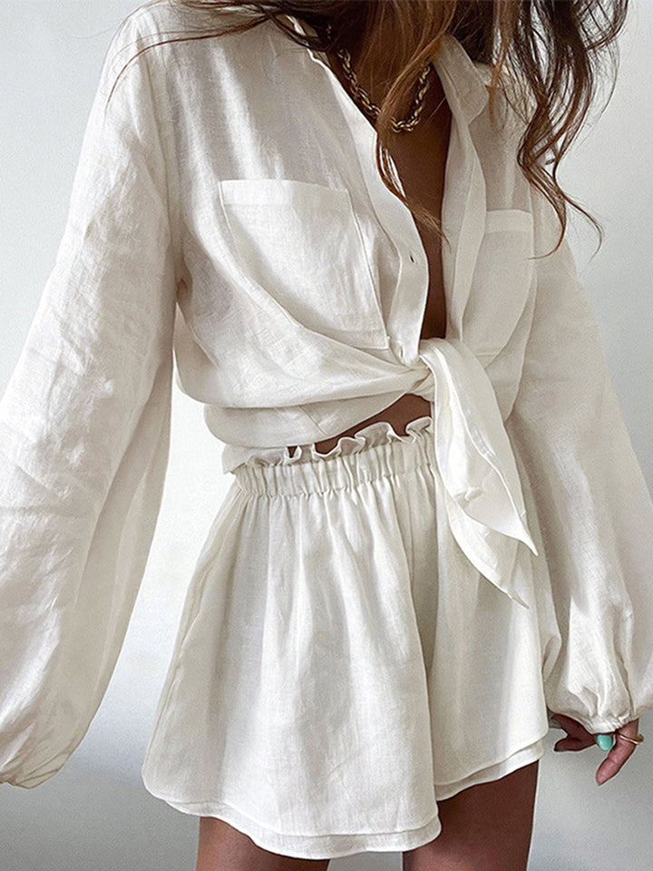Linen Two-Piece Shorts Set for Women, Comfortable Cotton Blend Shirt and Shorts Set for Summer Casual Wear 2