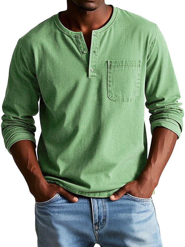 Long Sleeve Vintage Men's Shirt – High-Quality Eco-Friendly Cotton, Relaxed Fit with Henley Collar 2