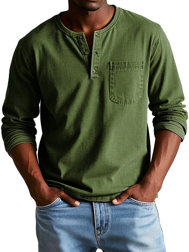Long Sleeve Vintage Men's Shirt – High-Quality Eco-Friendly Cotton, Relaxed Fit with Henley Collar 8