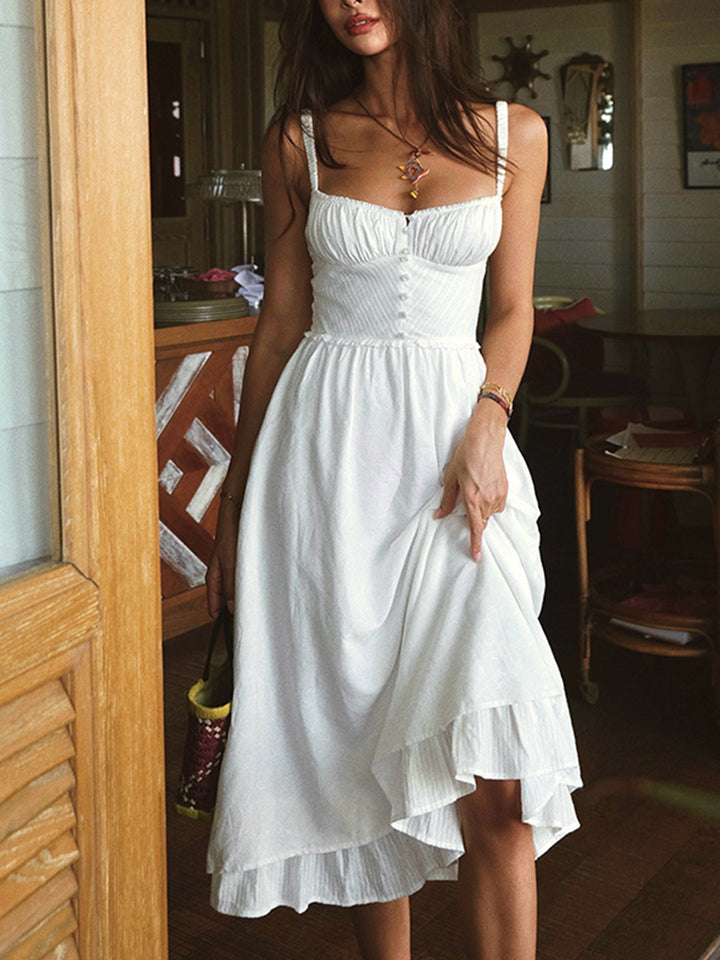 Ruffle Hem White Midi Dress for Women – Sleeveless Cotton Blend Casual Dress with Low Cut Neckline 4