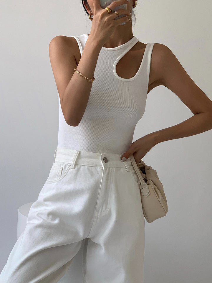 Semi-Sheer Asymmetrical Cutout Tank Top for Women – Slim Fit Sleeveless Cotton Blend Top 3