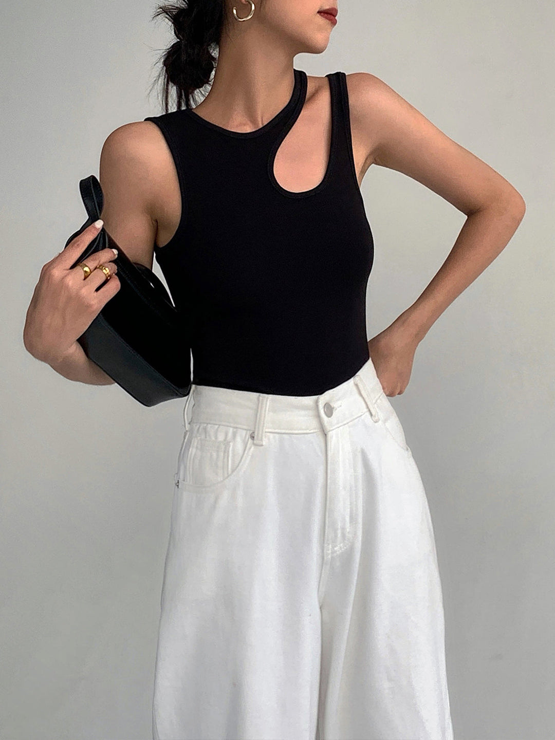 Semi-Sheer Asymmetrical Cutout Tank Top for Women – Slim Fit Sleeveless Cotton Blend Top 6