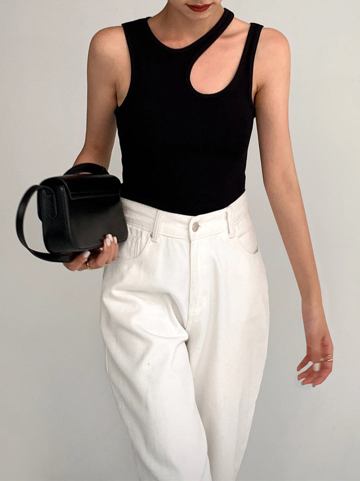 Semi-Sheer Asymmetrical Cutout Tank Top for Women – Slim Fit Sleeveless Cotton Blend Top 7