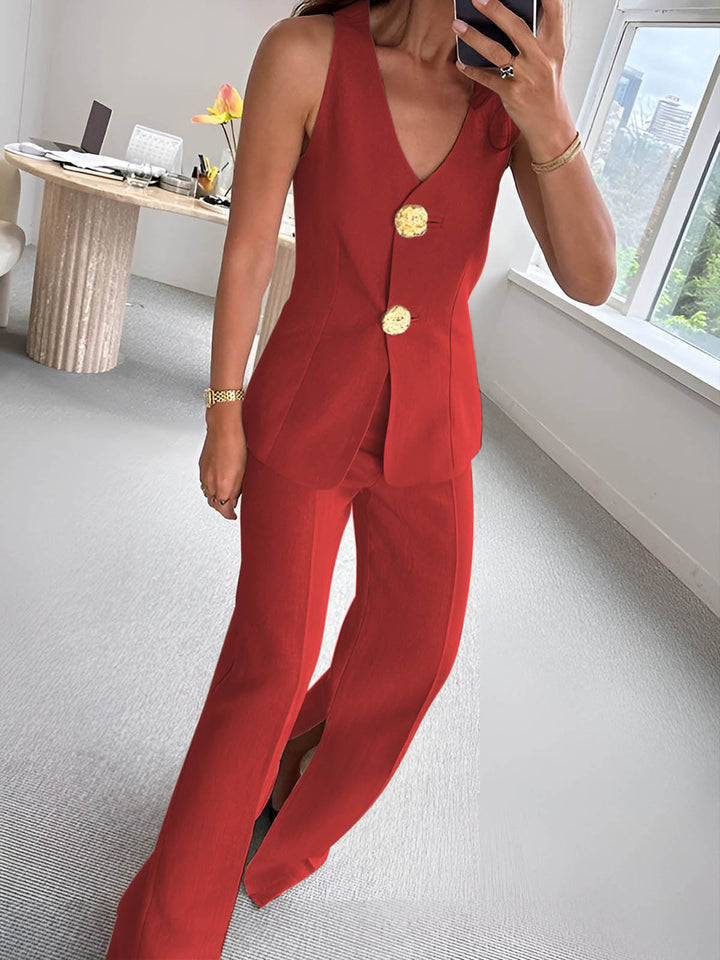 Sleeveless Button Split Two Piece Pants Set – Comfortable Matching Top and Trousers Set in Woven Fabric with Slight Stretch 6