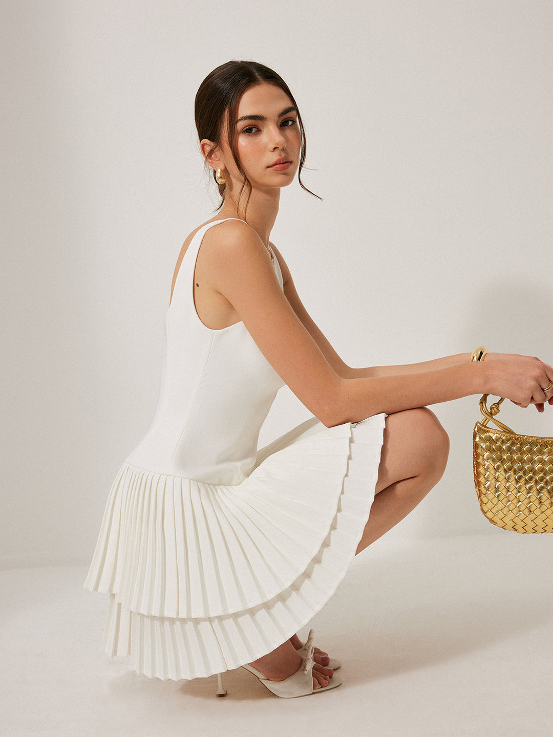 Square Neck Pleated White Dress for Women – Sleeveless Summer Wedding Guest Cocktail Dress 1