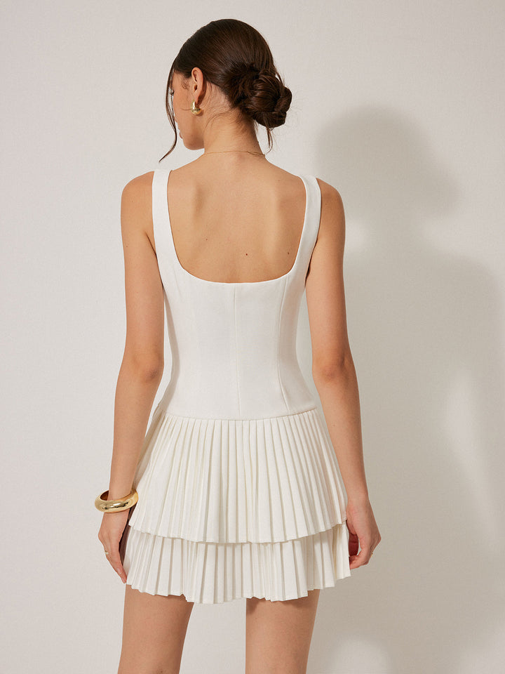 Square Neck Pleated White Dress for Women – Sleeveless Summer Wedding Guest Cocktail Dress 3