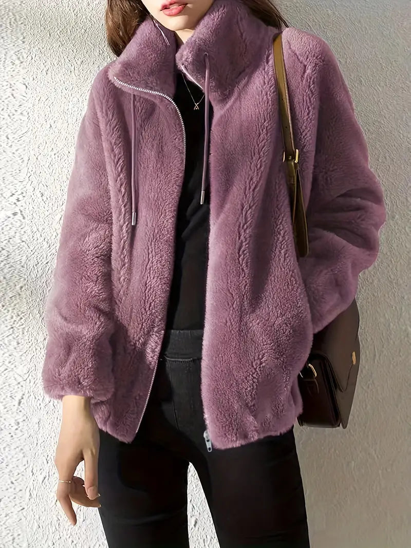 Stylish Women's Teddy Coat – Warm Winter Coat with Adjustable Drawstring, Soft Fabric, Long Sleeves, Casual Zipper Design 0