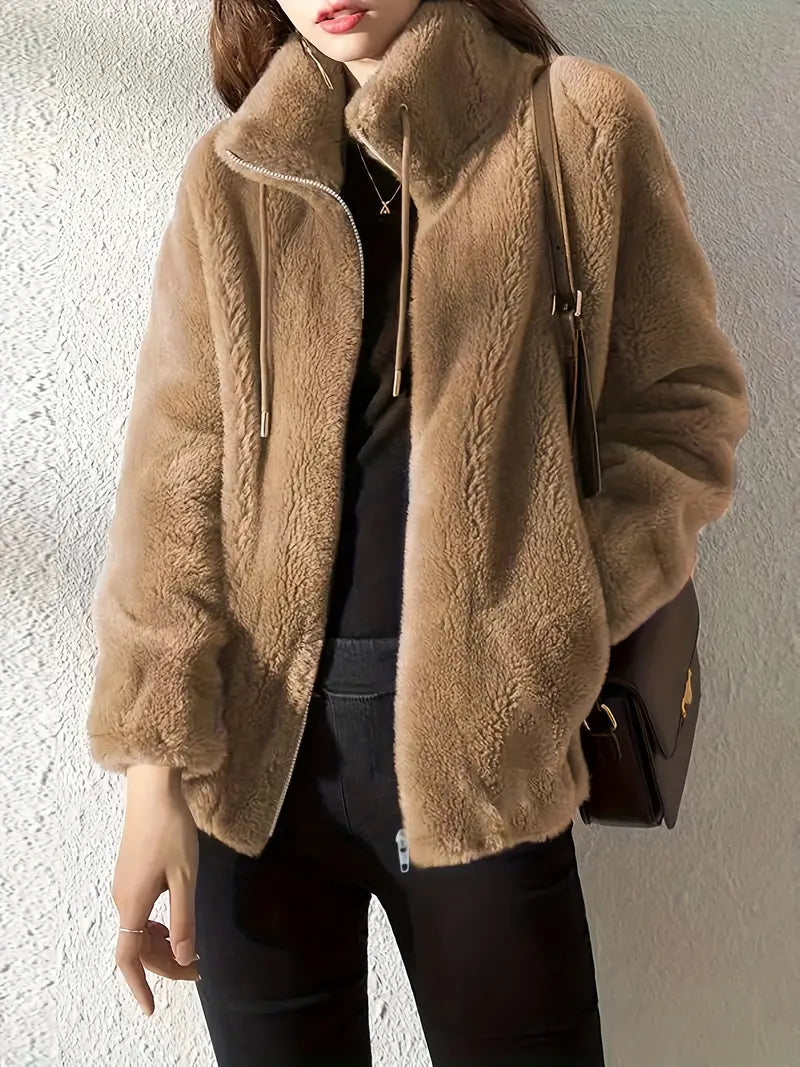 Stylish Women's Teddy Coat – Warm Winter Coat with Adjustable Drawstring, Soft Fabric, Long Sleeves, Casual Zipper Design 1