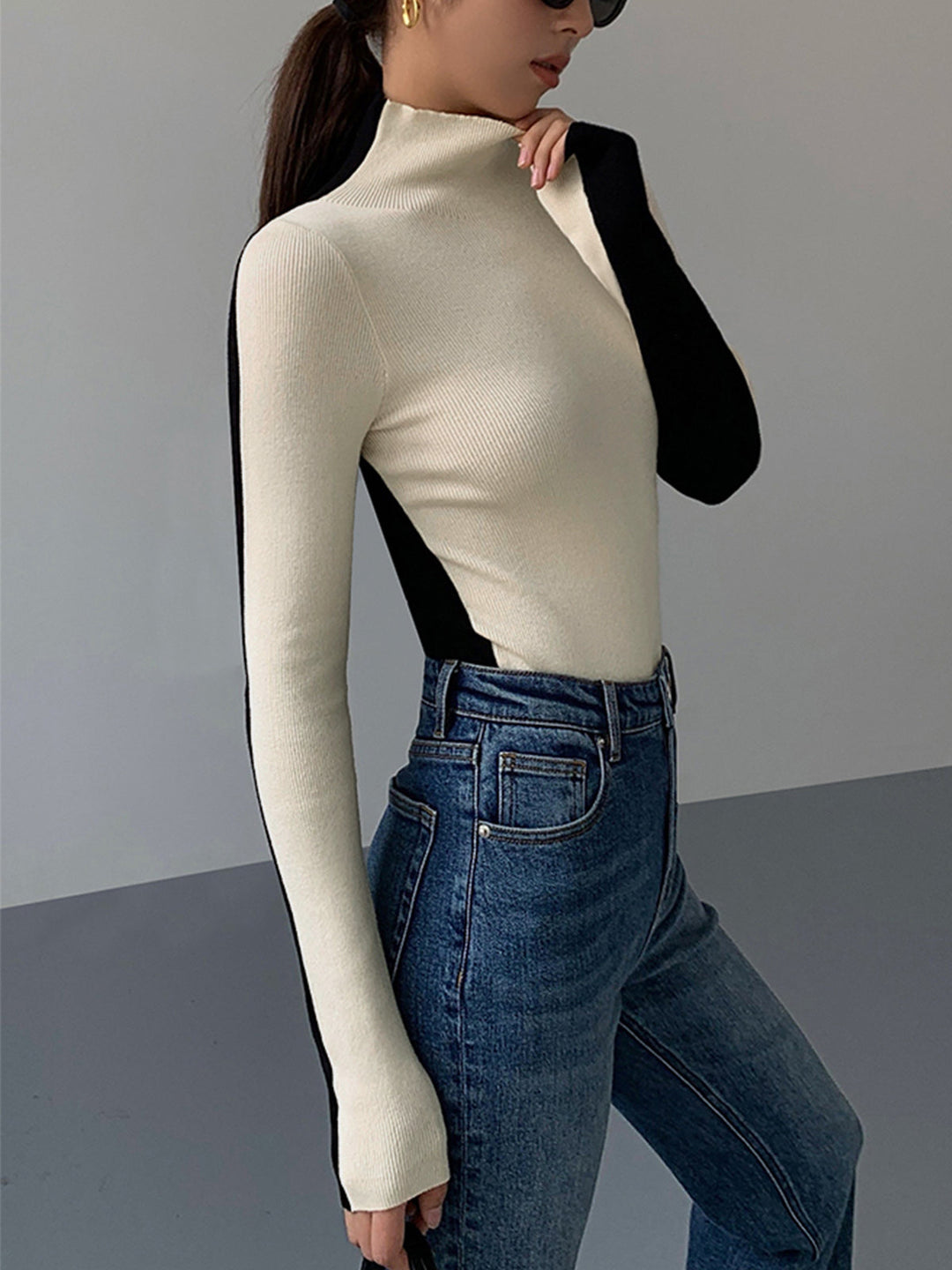 Two Tone Long Sleeve Knit Top for Women – Regular Fit, Medium Stretch, Soft and Breathable Fabric 1