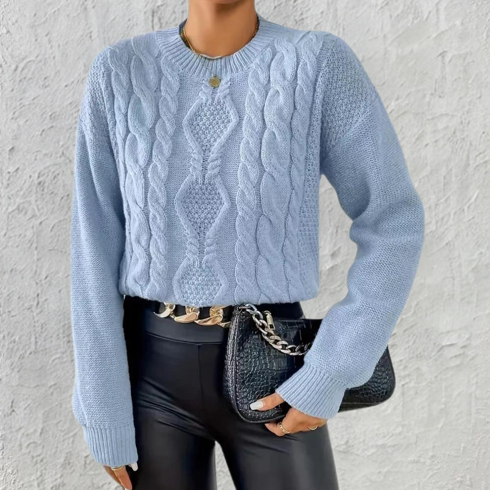 Women's Blue Cable Knit Jumper with Round Neck and Long Sleeves – Cozy Ladies Jumper for Everyday Wear 0