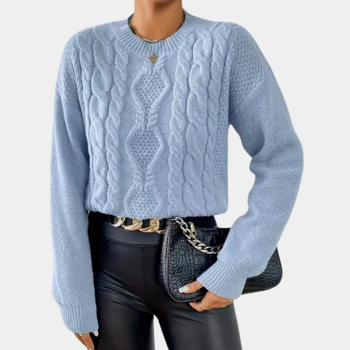 Women's Blue Cable Knit Jumper with Round Neck and Long Sleeves – Cozy Ladies Jumper for Everyday Wear 2