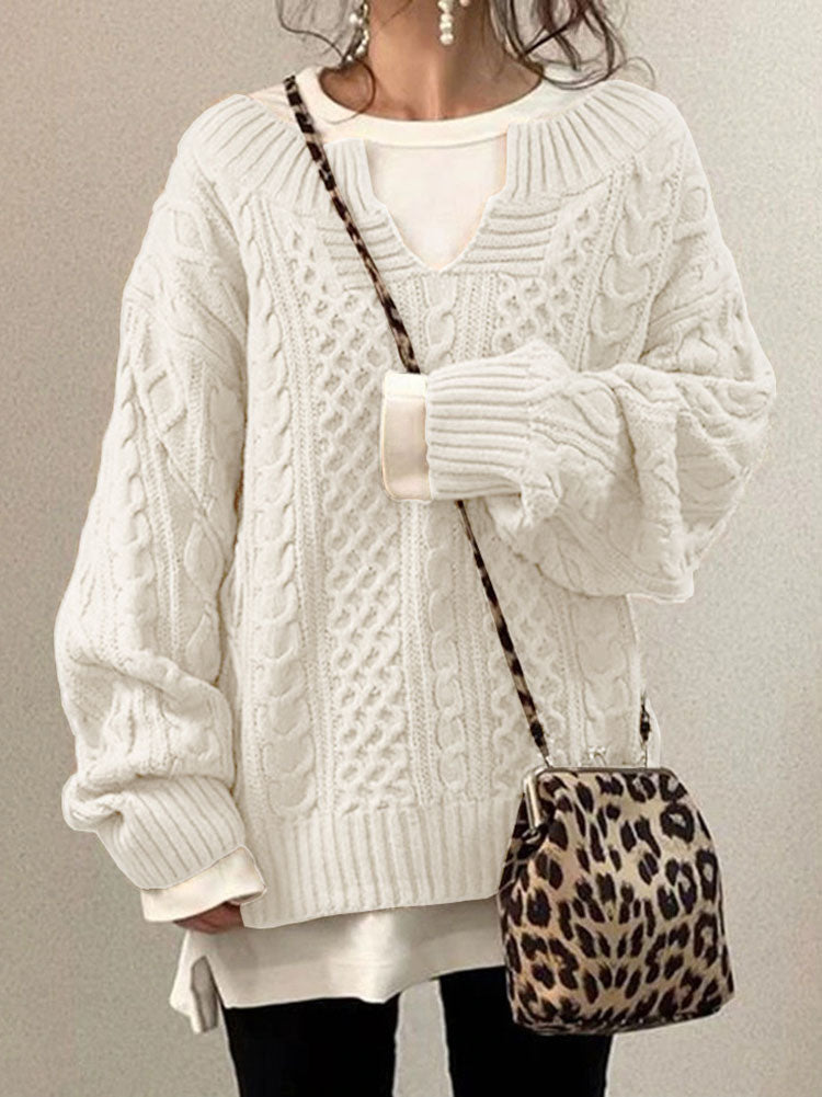 Women's Chunky Cable Knit Jumper with Notched Round Neck – Cozy Casual Ladies Jumper for Cooler Days 0