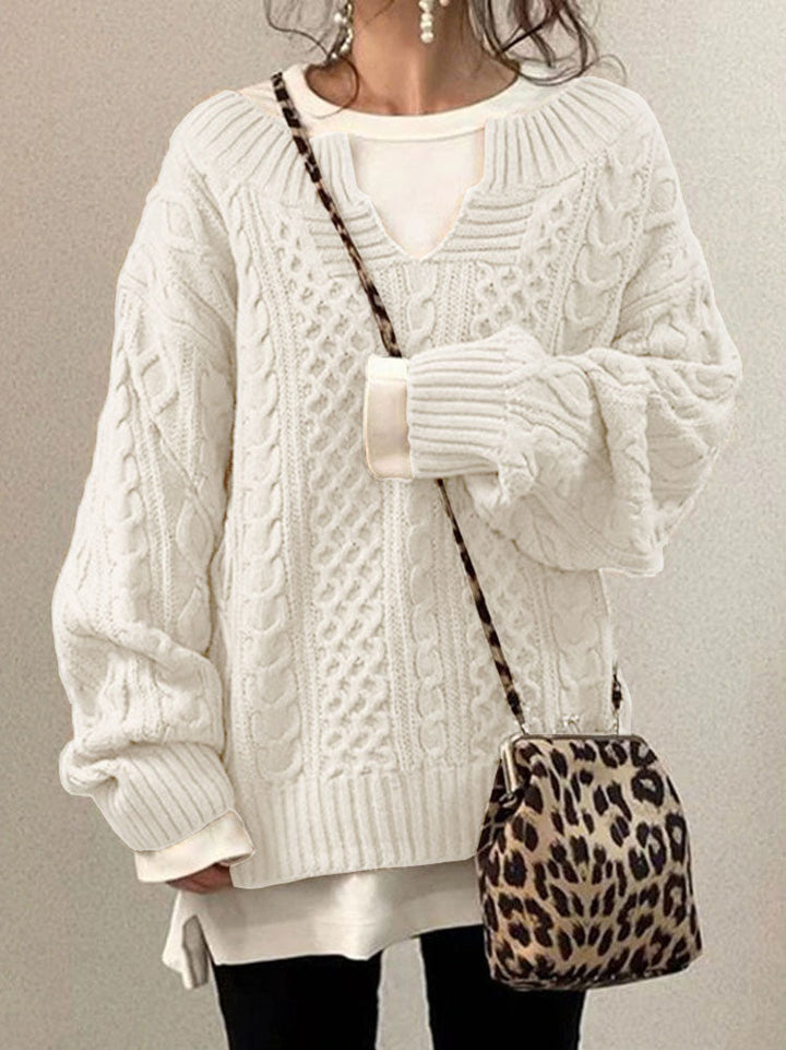 Women's Chunky Cable Knit Jumper with Notched Round Neck – Cozy Casual Ladies Jumper for Cooler Days 0