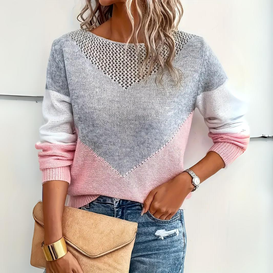 Women's Color Block Pointelle Jumper – Relaxed Fit Knit Sweater with V-Shape Panels and Ribbed Crew Neck 0