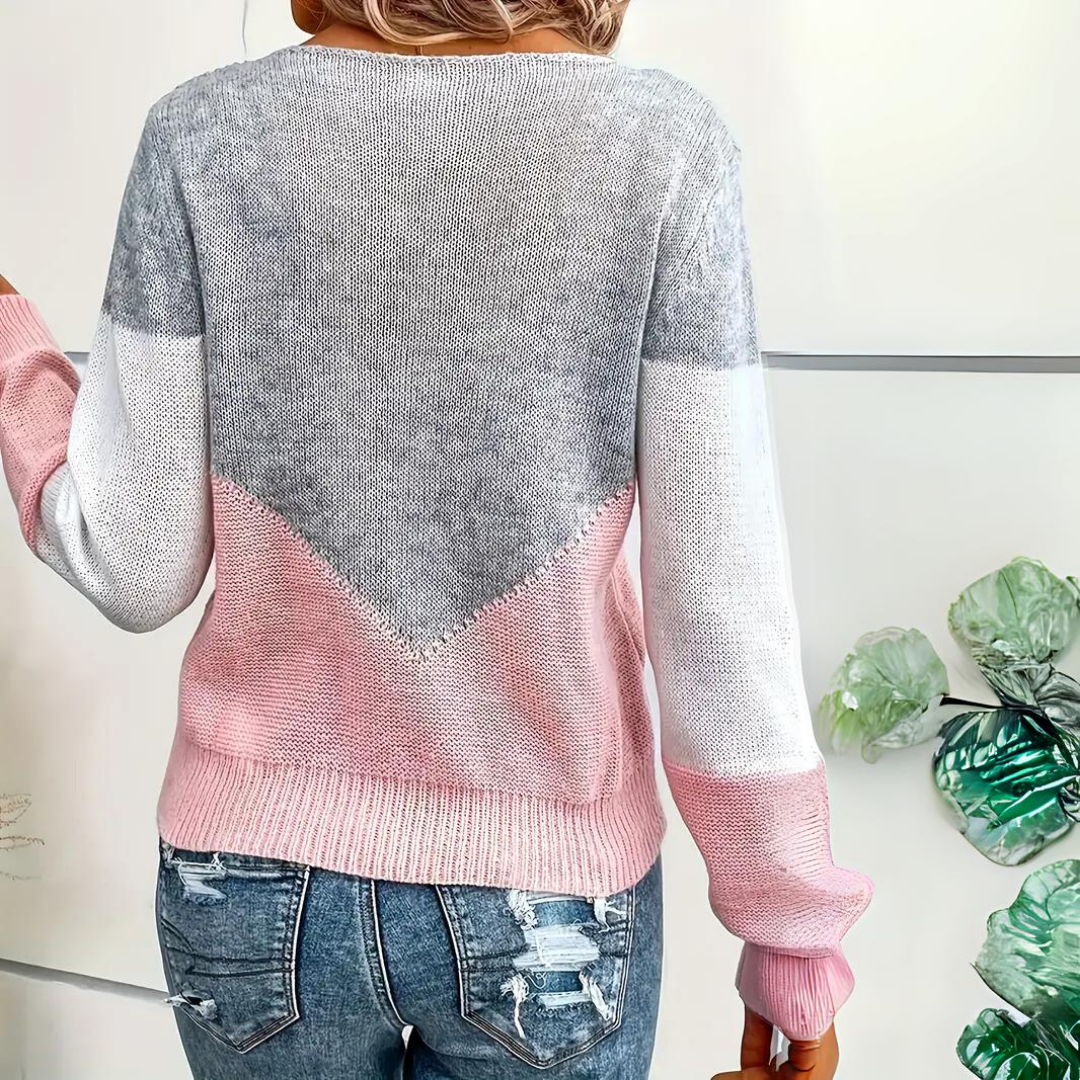 Women's Color Block Pointelle Jumper – Relaxed Fit Knit Sweater with V-Shape Panels and Ribbed Crew Neck 3