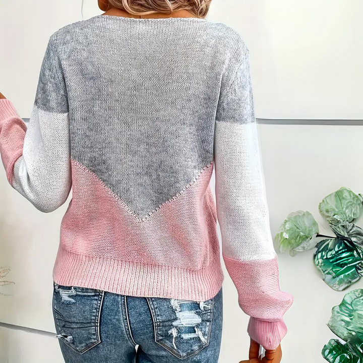 Women's Color Block Pointelle Jumper – Relaxed Fit Knit Sweater with V-Shape Panels and Ribbed Crew Neck 3