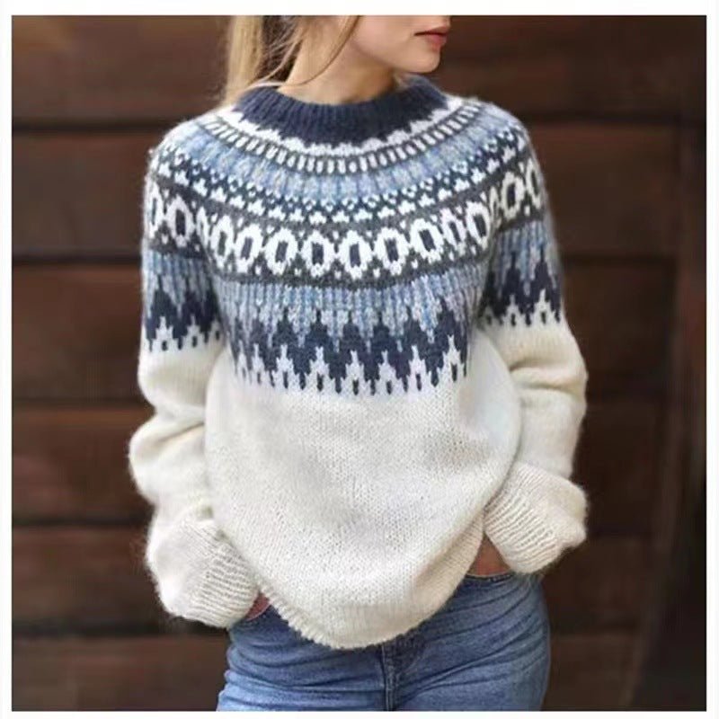 Women's Cozy Fair Isle Crewneck Jumper – Relaxed Fit Soft Knit Winter Sweater in Various Colors 0