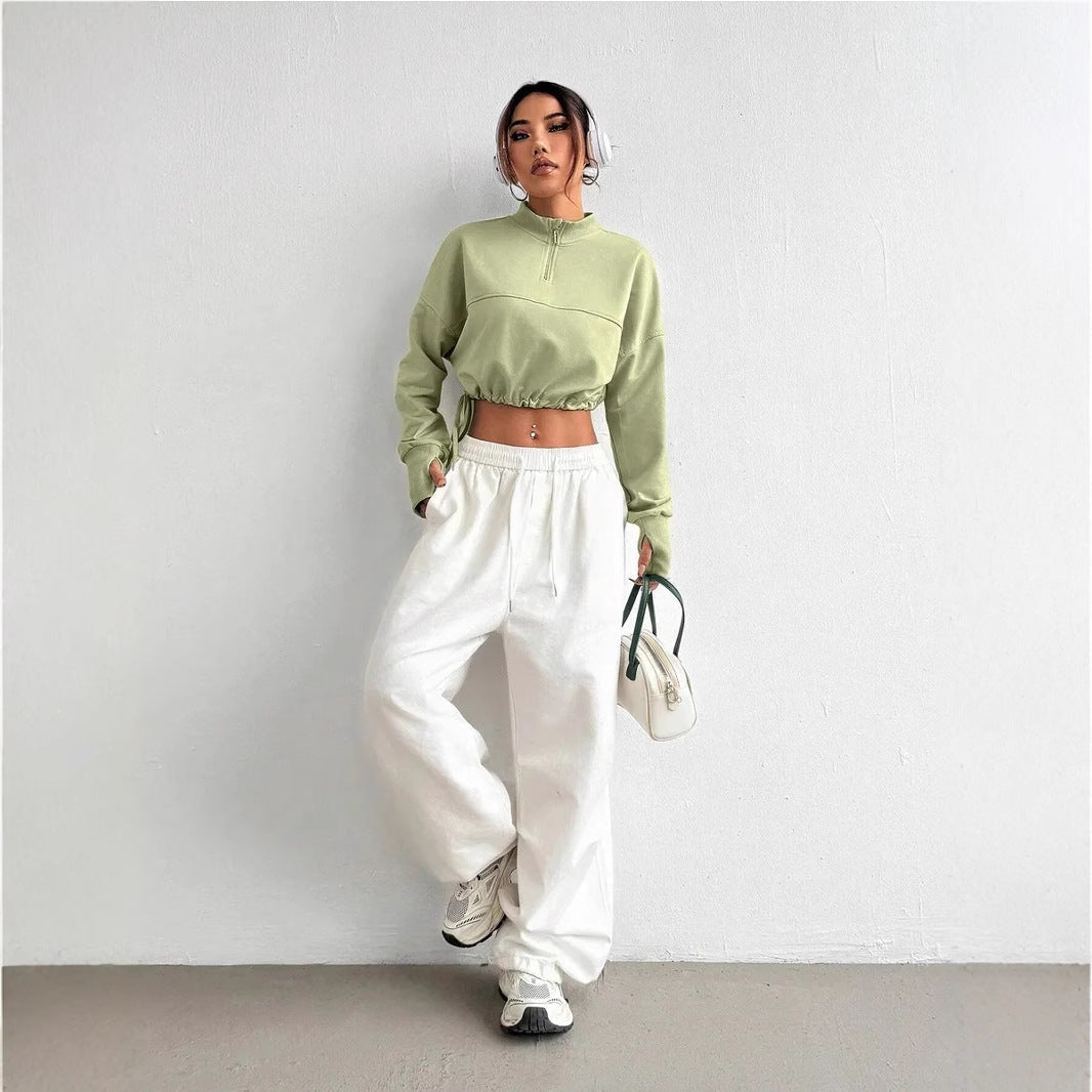 Women's Cropped Sweatshirt Jumper with Zip Neck and Balloon Sleeves – Stylish Casual Hoodie for Women 0