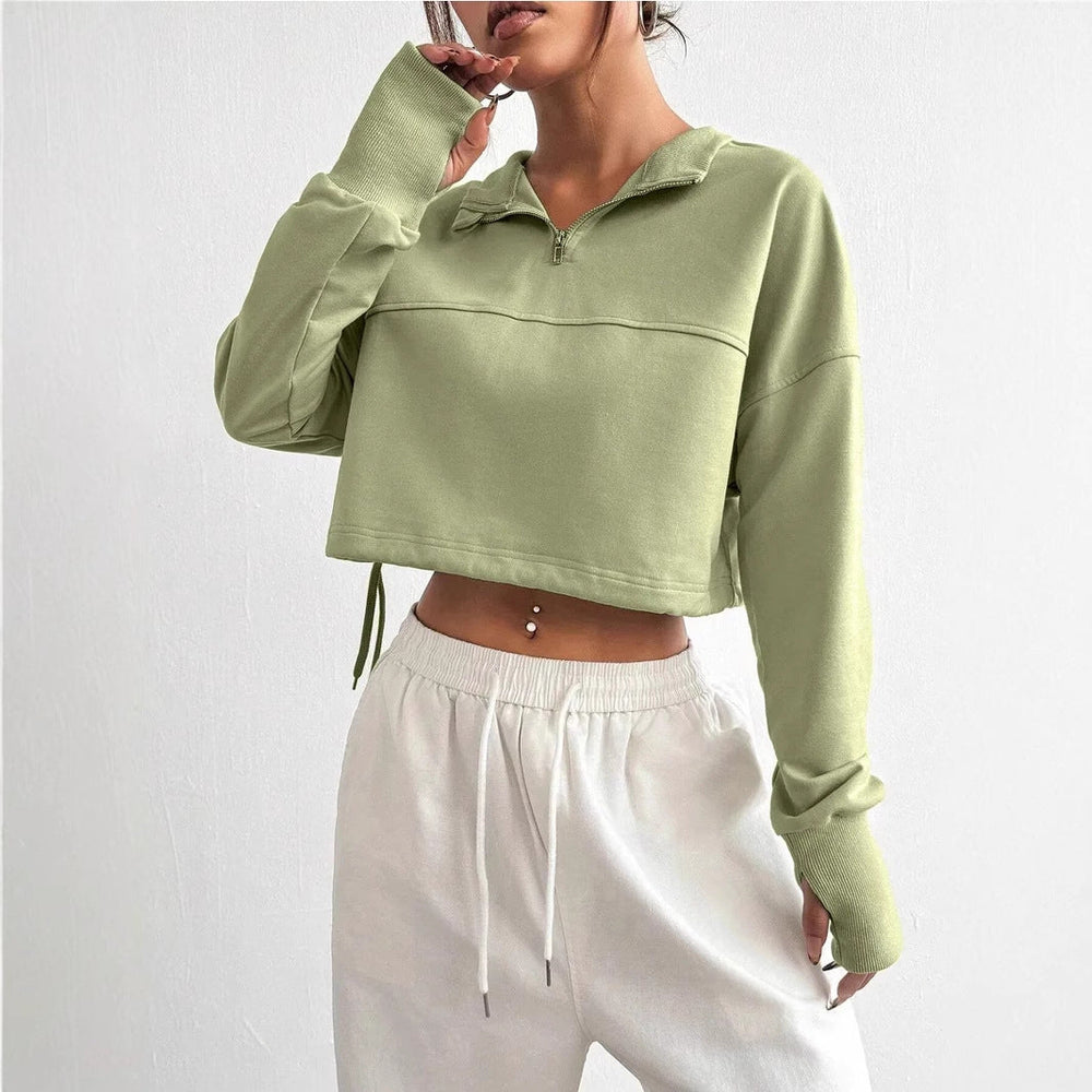 Women's Cropped Sweatshirt Jumper with Zip Neck and Balloon Sleeves – Stylish Casual Hoodie for Women 1
