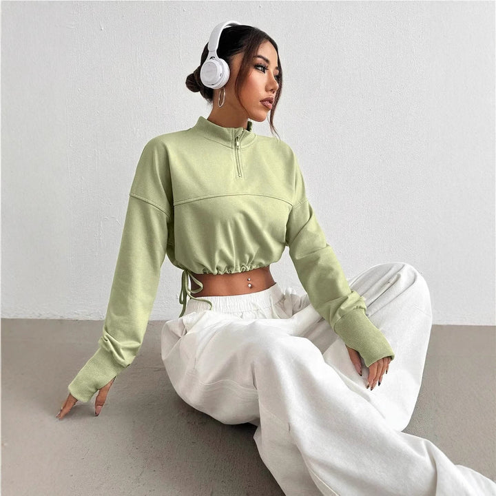 Women's Cropped Sweatshirt Jumper with Zip Neck and Balloon Sleeves – Stylish Casual Hoodie for Women 2