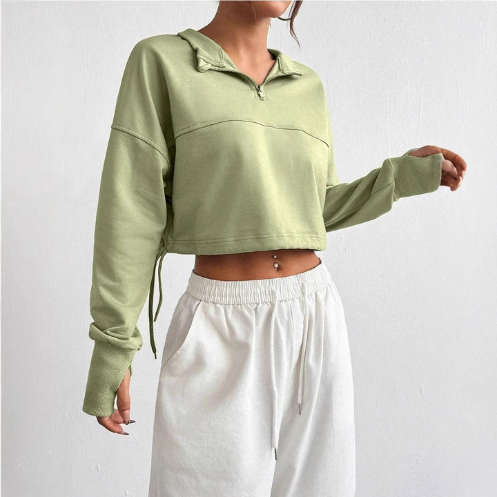 Women's Cropped Sweatshirt Jumper with Zip Neck and Balloon Sleeves – Stylish Casual Hoodie for Women 3