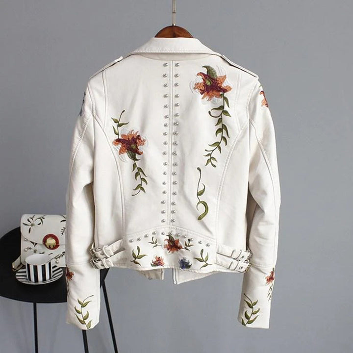 Women's Floral Leather Jacket - Stylish Slim Fit Outerwear with Zipper Closure and Pockets for Summer 1