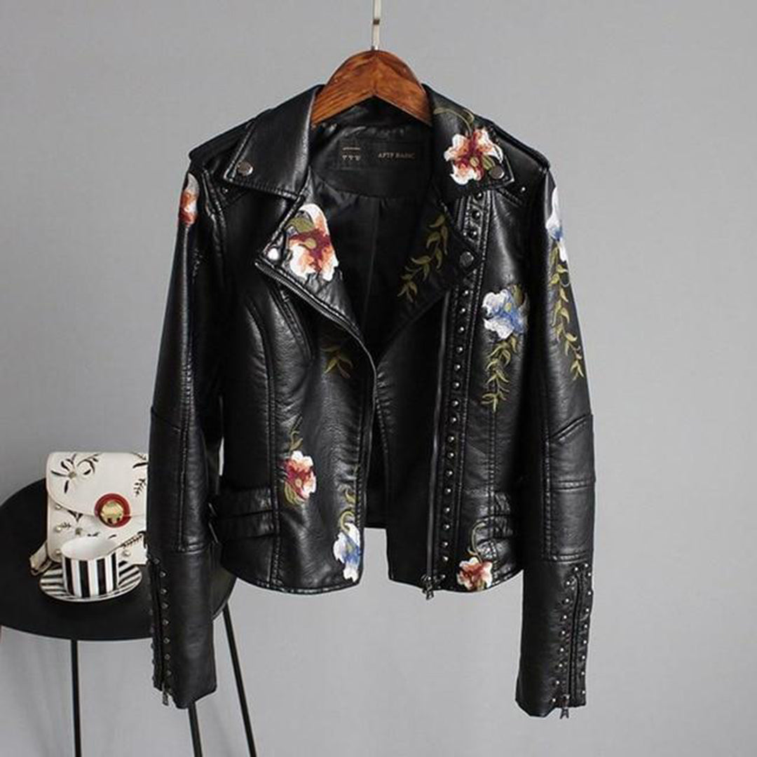 Women's Floral Leather Jacket - Stylish Slim Fit Outerwear with Zipper Closure and Pockets for Summer 2