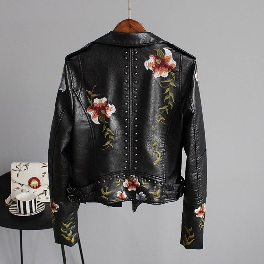 Women's Floral Leather Jacket - Stylish Slim Fit Outerwear with Zipper Closure and Pockets for Summer 3