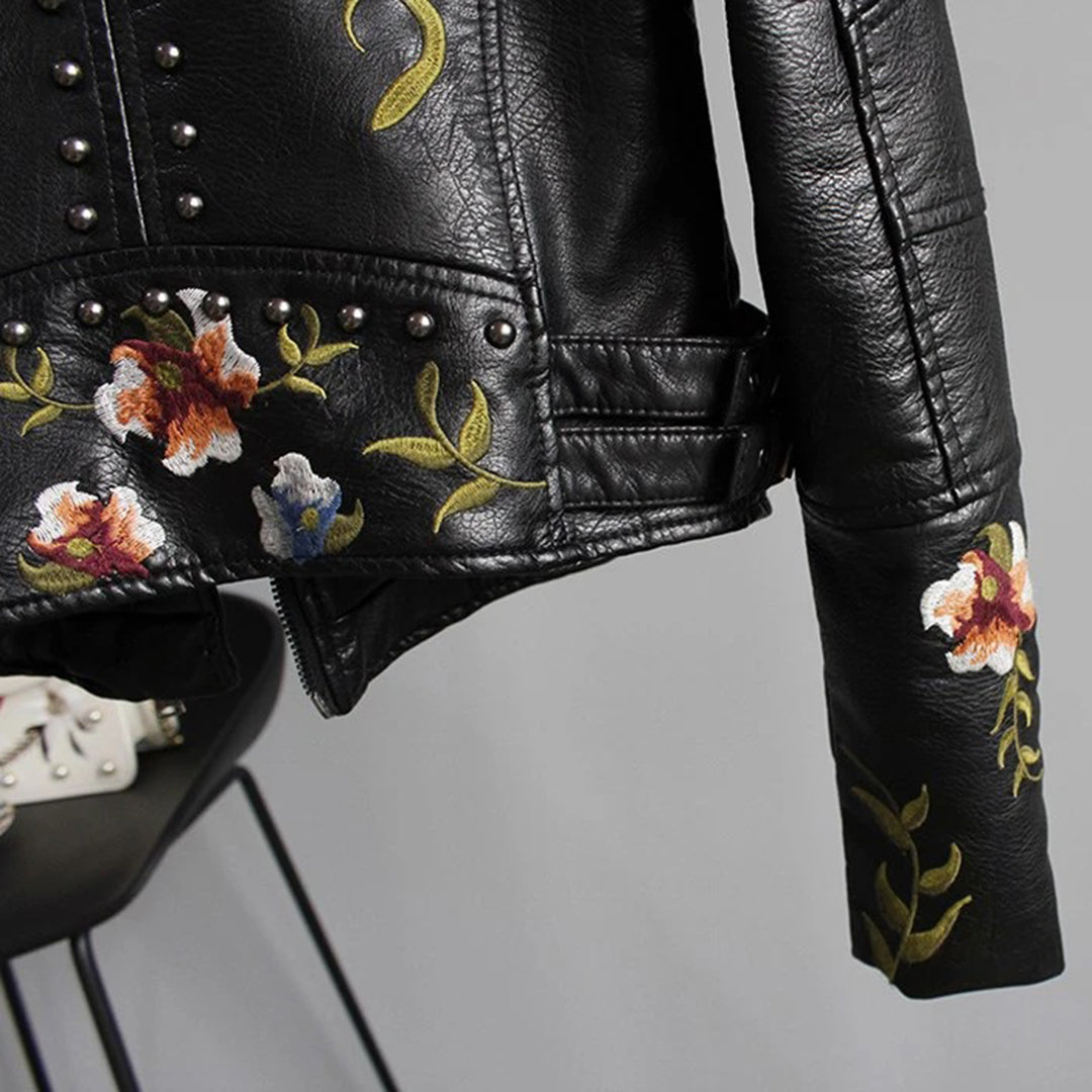 Women's Floral Leather Jacket - Stylish Slim Fit Outerwear with Zipper Closure and Pockets for Summer 6