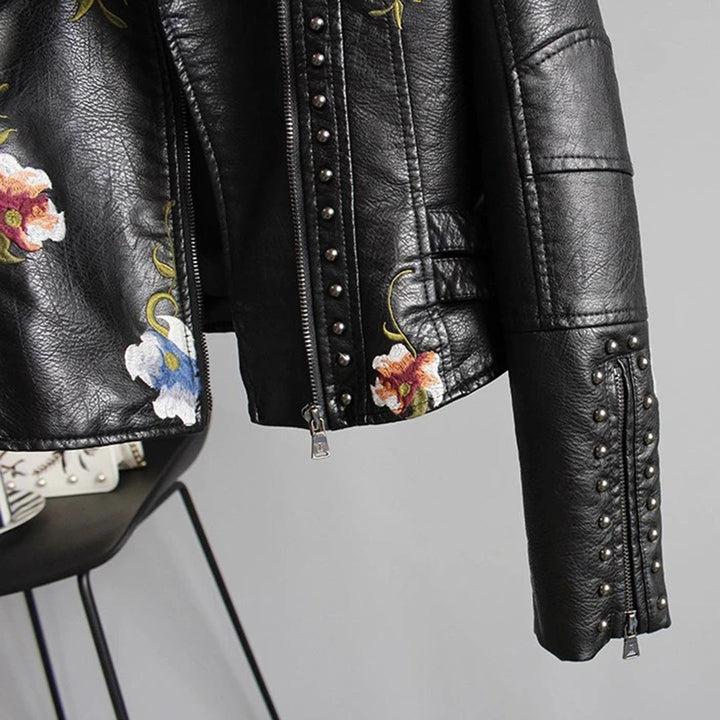 Women's Floral Leather Jacket - Stylish Slim Fit Outerwear with Zipper Closure and Pockets for Summer 7