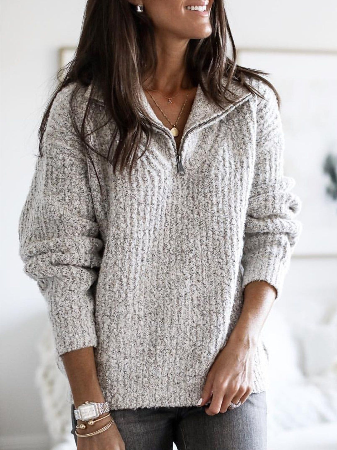 Women's Half Zip Jumper with Textured Knit and Stand Collar – Relaxed Fit Ladies Jumper for Everyday Comfort 0