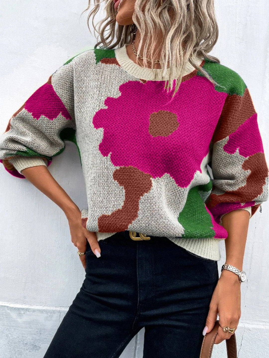 Women's Knit Jumper with Balloon Sleeves and Round Neck – Vibrant Patterned Design, Relaxed Fit, Cozy Knit Fabric 0