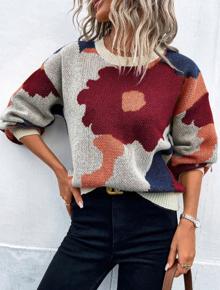 Women's Knit Jumper with Balloon Sleeves and Round Neck – Vibrant Patterned Design, Relaxed Fit, Cozy Knit Fabric 1