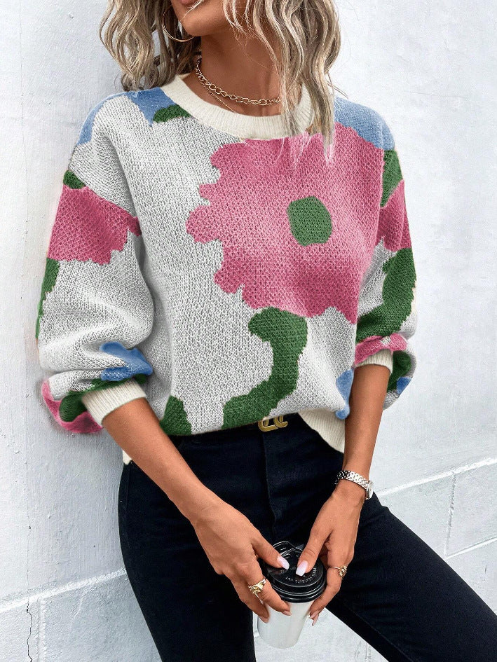 Women's Knit Jumper with Balloon Sleeves and Round Neck – Vibrant Patterned Design, Relaxed Fit, Cozy Knit Fabric 2