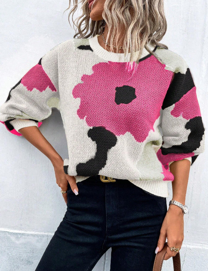 Women's Knit Jumper with Balloon Sleeves and Round Neck – Vibrant Patterned Design, Relaxed Fit, Cozy Knit Fabric 3