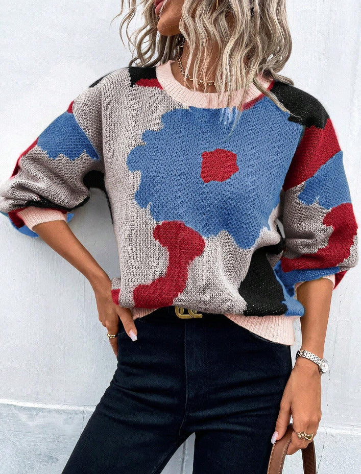 Women's Knit Jumper with Balloon Sleeves and Round Neck – Vibrant Patterned Design, Relaxed Fit, Cozy Knit Fabric 6